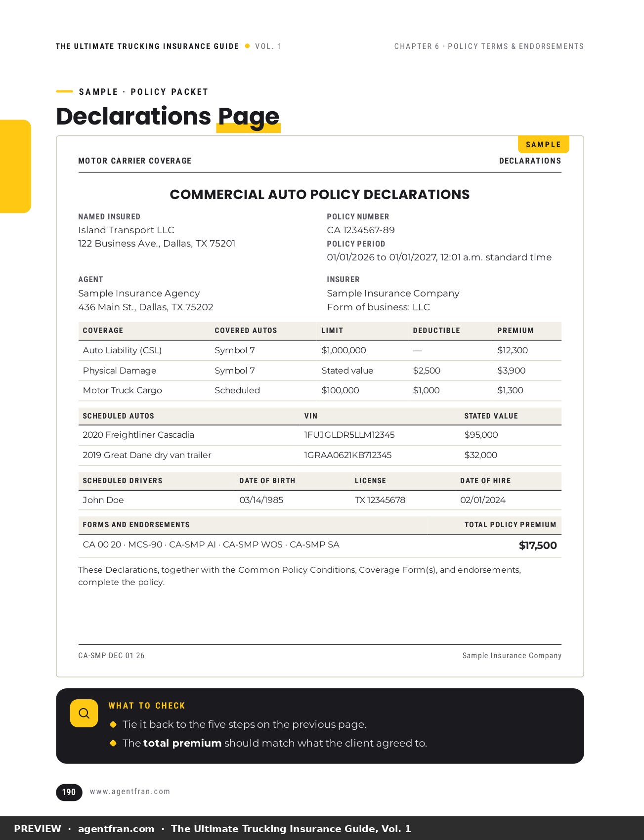 Sample commercial auto declarations page