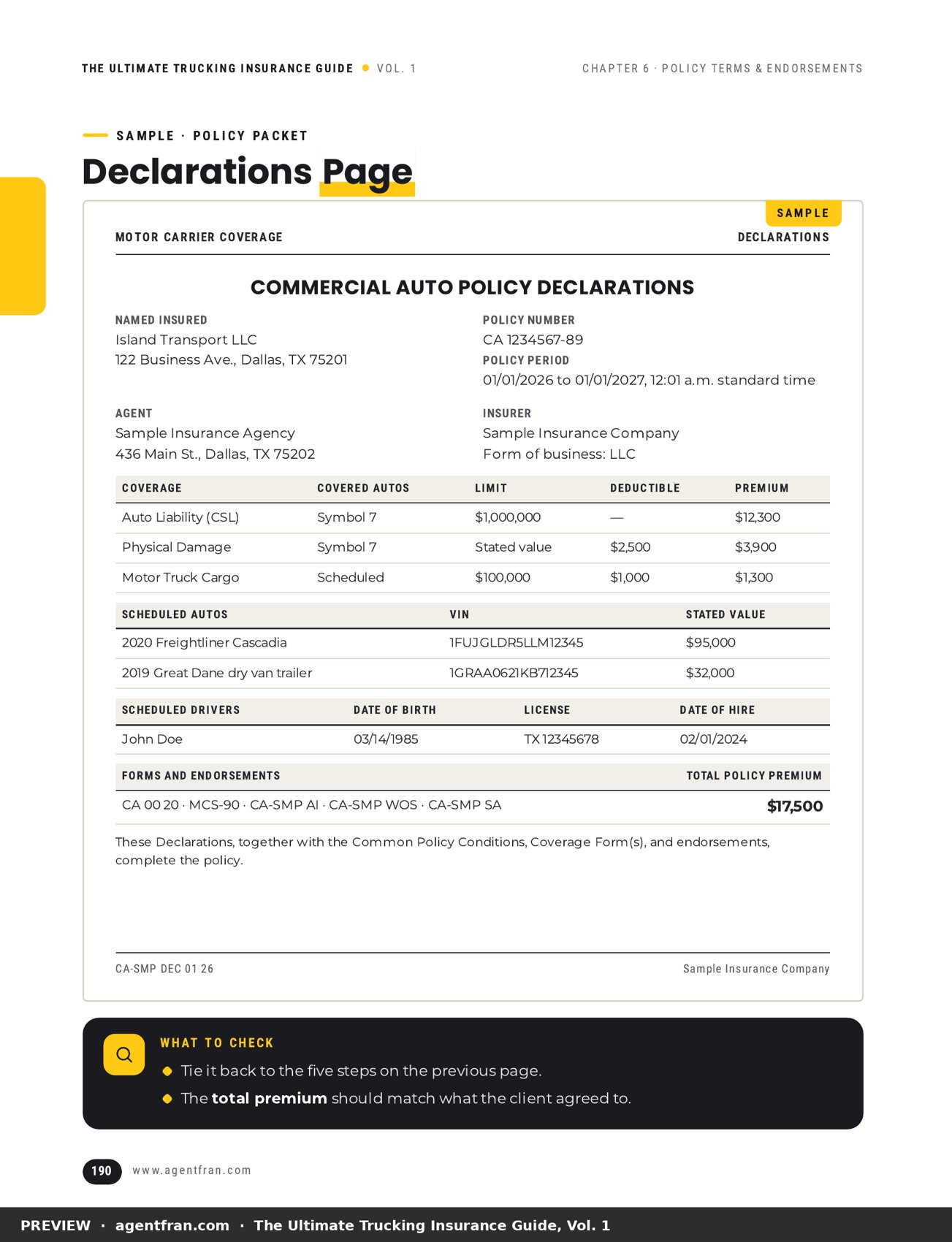 Sample commercial auto declarations page